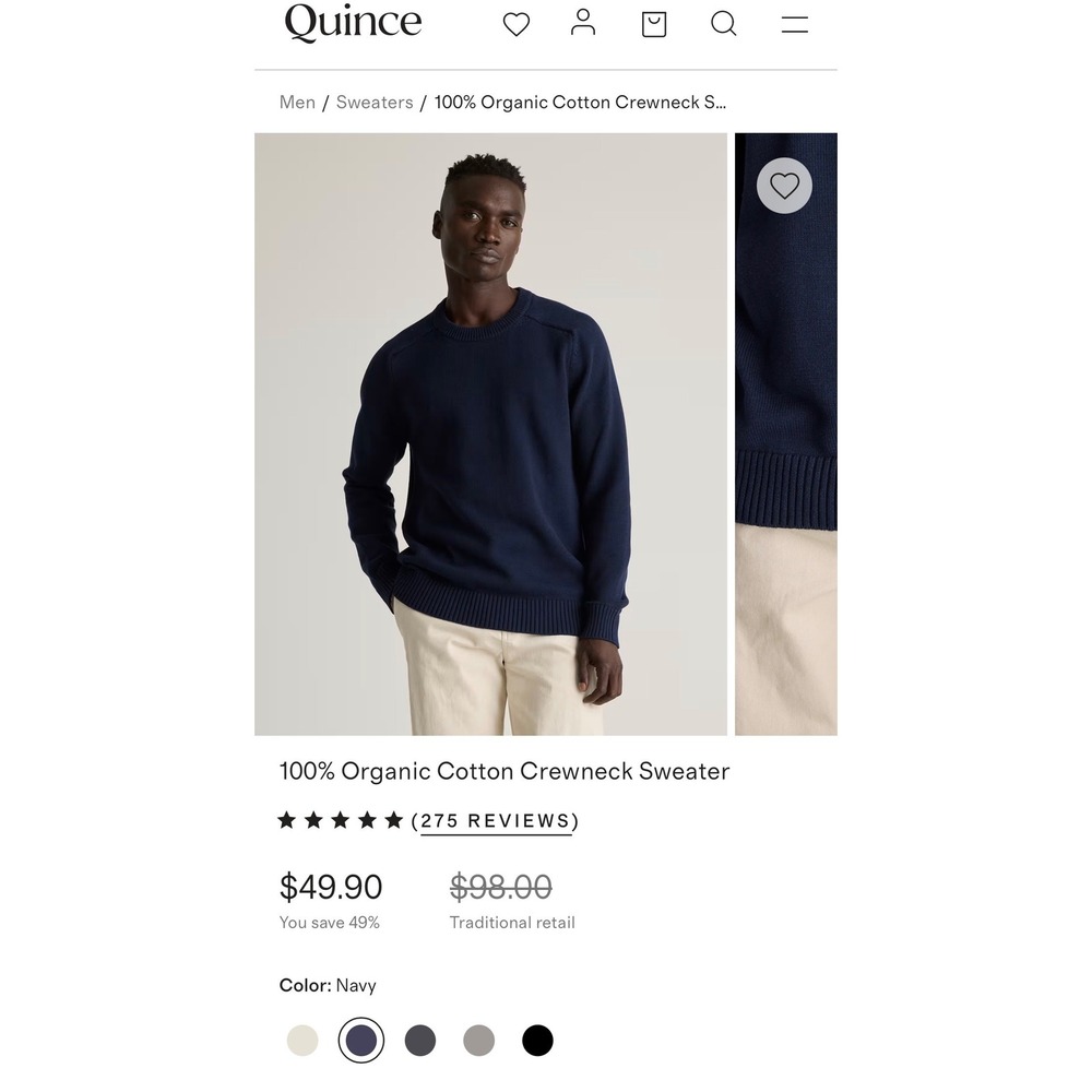 Quince Mens 100% Organic Cotton Crewneck Sweater Navy Blue XXL LB71155-LALI004